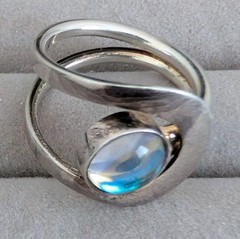 Vintage LW 925 Sterling Silver Moonstone Bypass Hippie Ring Modernist Size 7-8