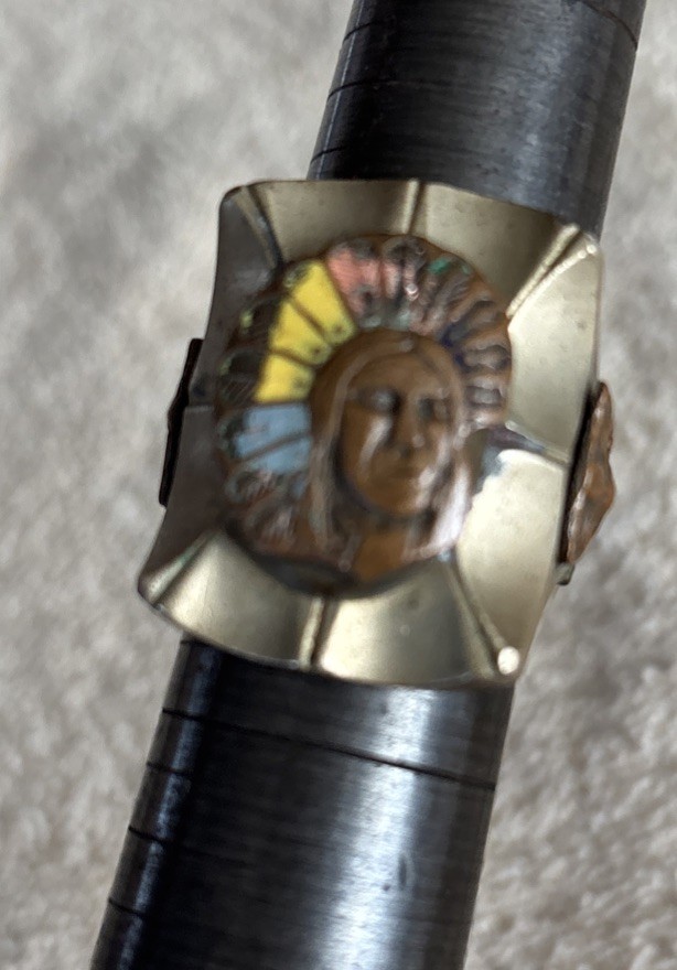 Vintage Mexican Biker Indian Chief Enamel Brass Tone Ring Size 8.75 To 9