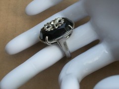 Vintage Avon Art Deco Black Oval Ring Silver Tone Gothic Filigree Size 8.5