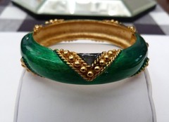 AUTHENTIC VINTAGE LANVIN PARIS GREEN BLACK ENAMEL WIDE HINGED BANGLE BRACELET