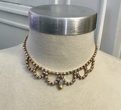 1950s Aurora Borealis AB Clear Rhinestone Gold tone 15″ Choker swag NECKLACE adj