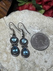 56. Vintage SJ Sterling 925 Double Blue Topaz Dangle Hook Earrings 8.6g, 45mm