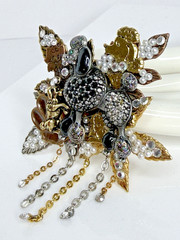 Large Vintage Rhinestone French Poodle Dog Brooch Pearls Leaves Dangling Chains
