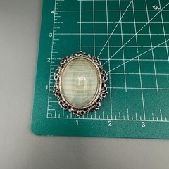Vintage Gemstone Brooch Polished Beige Banded Agate Silver Tone Oval Frame Heavy