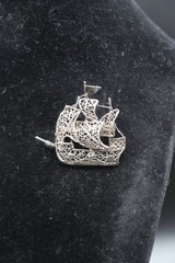 Vtg Brooch Pin Silver 800 Filigree Galleon Masted Ship Brooch Exquisite Detail