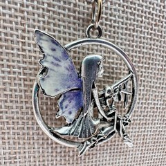 Vintage 90s Silver Tone Enamel Fairy Pendant Necklace Ball Chain Boho Jewelry