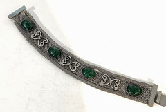 Vintage Silver Tone Filigree Mesh Bracelet Green Cabochon Stones Ornate Design