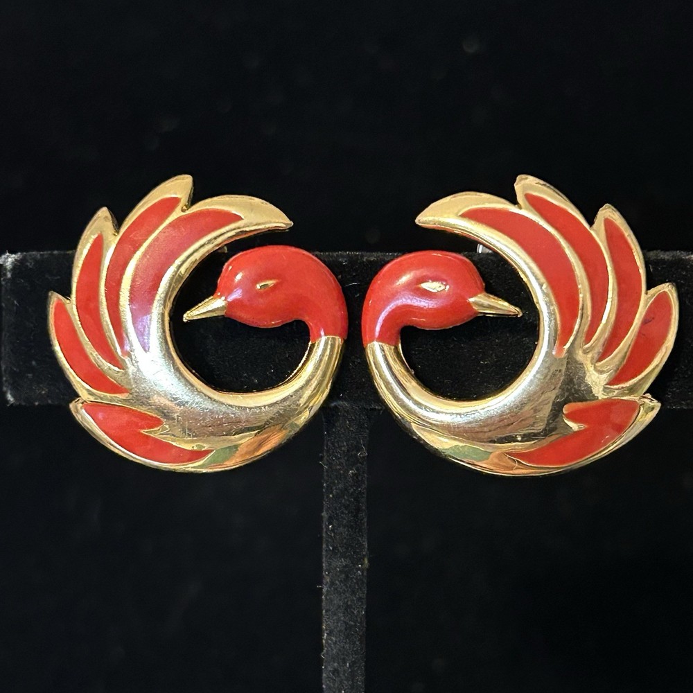Vintage Oréna Paris Red Enamel Bird Earrings Gold Tone Signed France Phoenix