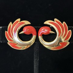 Vintage Oréna Paris Red Enamel Bird Earrings Gold Tone Signed France Phoenix