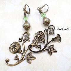 Art Nouveau Floral Brass Earrings Green Crystal Dangle Leverback Vintage Style