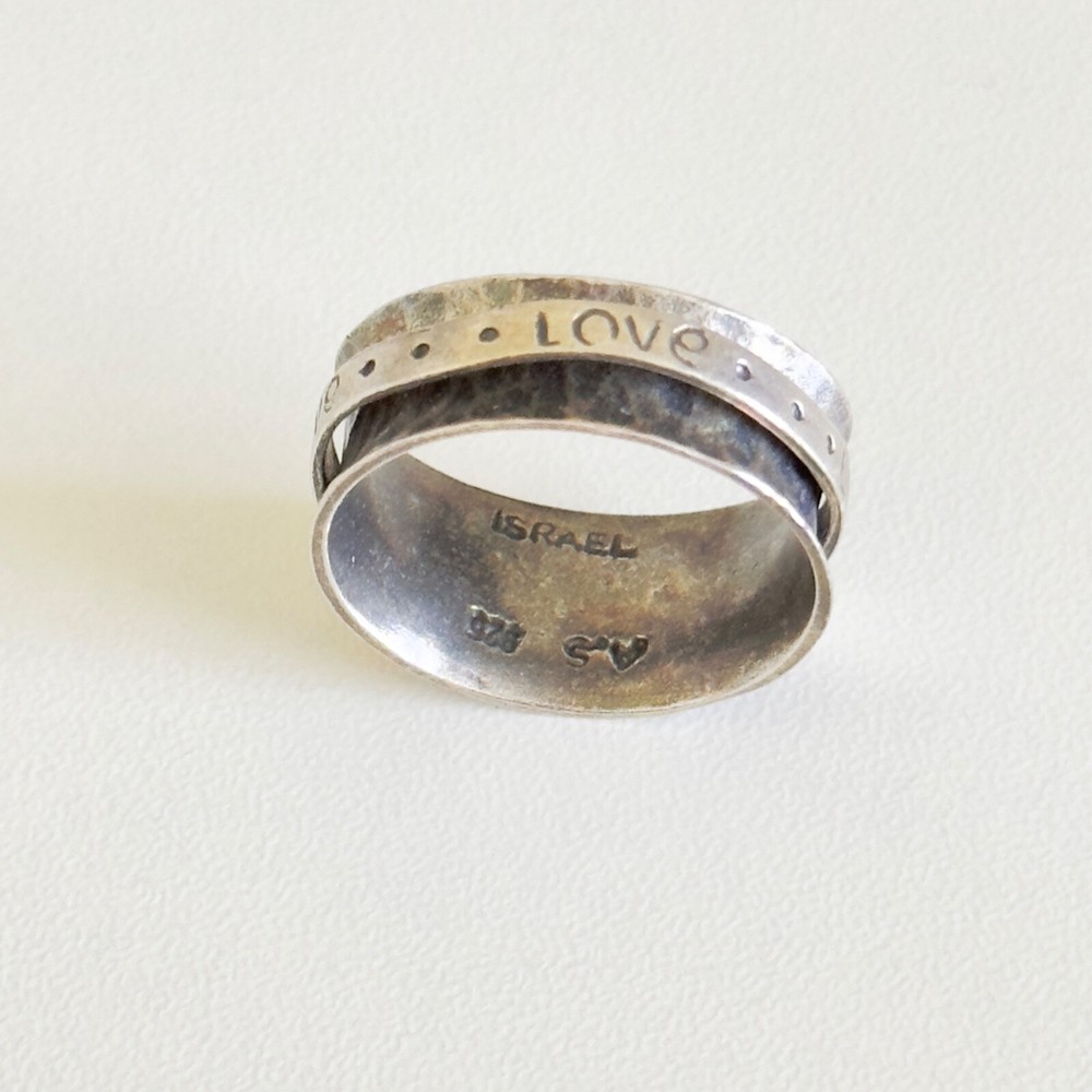 Vintage Sterling Silver Israel Designer Signed Love Spinner Oxidized Band Size 8