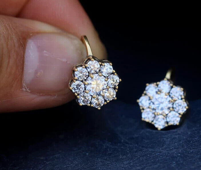 14K Yellow Gold Plated Vintage Style Flower Earrings Pen Tester Pass Moissanite