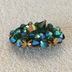 Vintage Brooch AB Crystal / Glass Beads Faceted Heavy Blues & Greens Sparkly