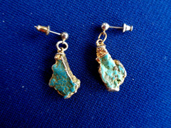 Vintage Turquoise Chunk Pendant Necklace & Stud Earrings Set Gold Plated Handmad