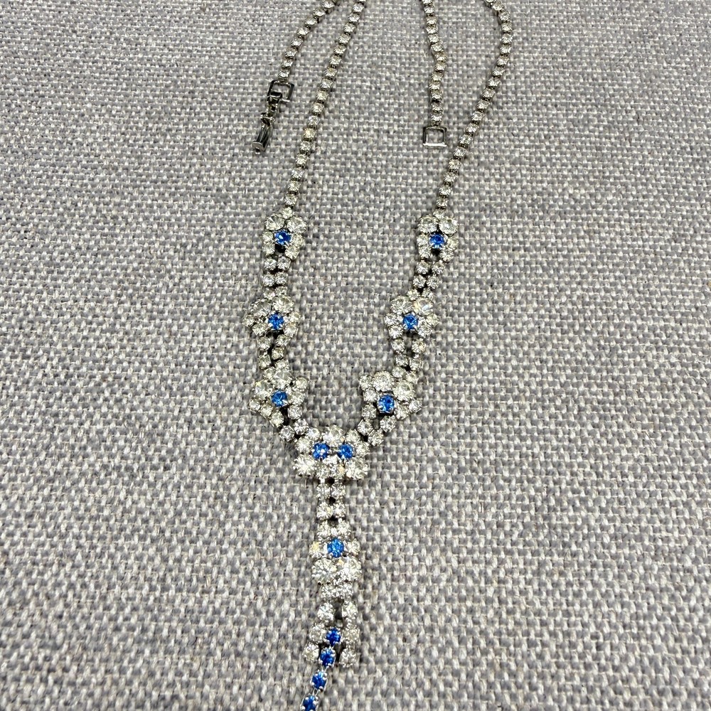 Vintage Y Drop Necklace Blue Clear Glass Rhinestones Wedding Prom 17 Inches