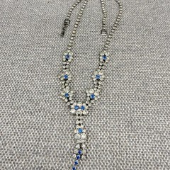 Vintage Y Drop Necklace Blue Clear Glass Rhinestones Wedding Prom 17 Inches
