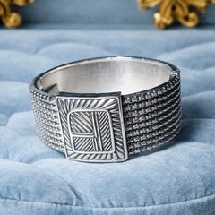 Vtg Brutalist Silvertone Hinged Cuff Bracelet -Textured – Modernist – Size 6.75”