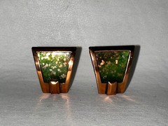Vintage MATISSE Earrings Bronze Frame Green Inset Speckled Clip On Jewelry