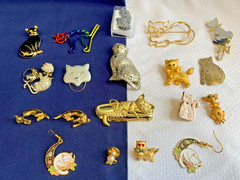 Vtg Mixed Cat Jewelry Lot Enamel Faux Pearl / Onyx / Gems Rhinestones