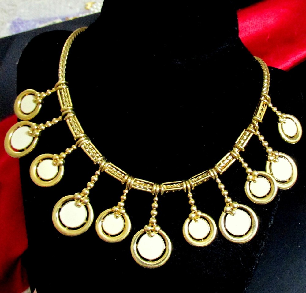 VTG Runway Rare Etruscan MONET Bib Necklace Dangle Sliding Charm White Enamel GP