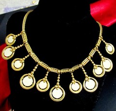 VTG Runway Rare Etruscan MONET Bib Necklace Dangle Sliding Charm White Enamel GP