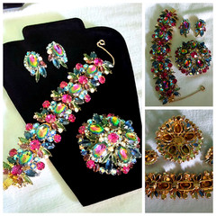 Juliana Rhinestone BRACELET BROOCH EARRING SET Book Pcs Watermelon Vitrail Rare