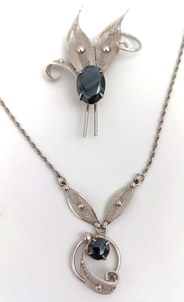 Vintage Sorrento Sterling Silver Hematite Filigree Necklace and Brooch Set