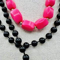 Vintage Black Pink Bead Necklace Set Flapper Opera Long Layered Retro Mod
