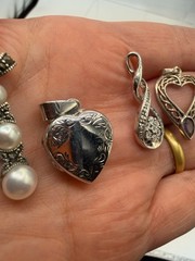 Lot Of 5 Vintage Sterling Pendants Plus Stones Heart Floral Locket