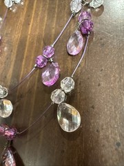 Triple Wire Bead Necklace Pink Purple Faceted Rhinestone Teardrop Dangles Retro