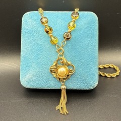 Custom OOAK Vintage 1980s Rope Chain with Amber & Faux Pearl & Tassel Pendant