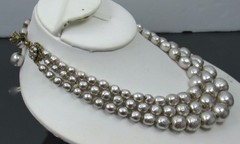 Vintage Miriam Haskell Silver Baroque Glass Pearl 3 Strand Necklace Signed