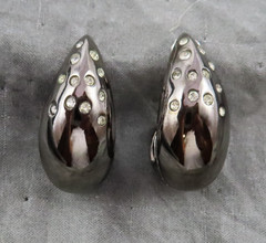 Givenchy Earrings Vintage Black Hematite Hoops Clear Crystal 1.25 in Chunky 847f