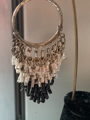 Vintage Black & Silver Beaded Mesh Dangling Circle Womans Earrings French wire
