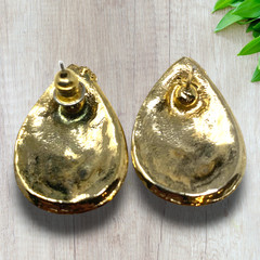 Vintage 1980s Black Swirl Enamel Gold Tone Pierced Earrings Teardrop Modernist