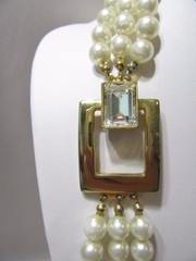 MULTI-STRAND DESIGNER STYLE LONG SIMULATED PEARL FANCY CLASP W CRYSTAL BUCKLE