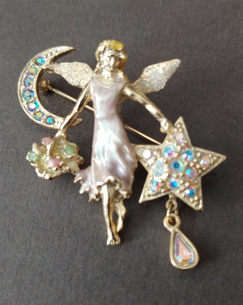 Vintage Kirks Folly Celestial Fairy Angel Moon Star Flower Statement Brooch