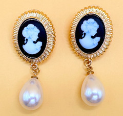 Gold Tone & Faux Pearls Pierced Dangle Cameo Earrings Contemporary