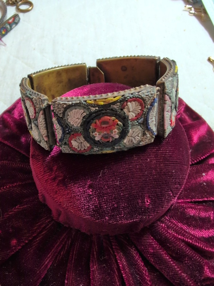 Vintage italian micro mosaic link bracelet 7 1/2 Inches X 7/8 Inch