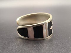 Alpaca Silver Black & Mother of Pearl Flower Inlay Cuff Bracelet