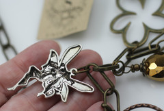 Scooples bronze tone chain links necklace fairy glass/ stone wings charms Love