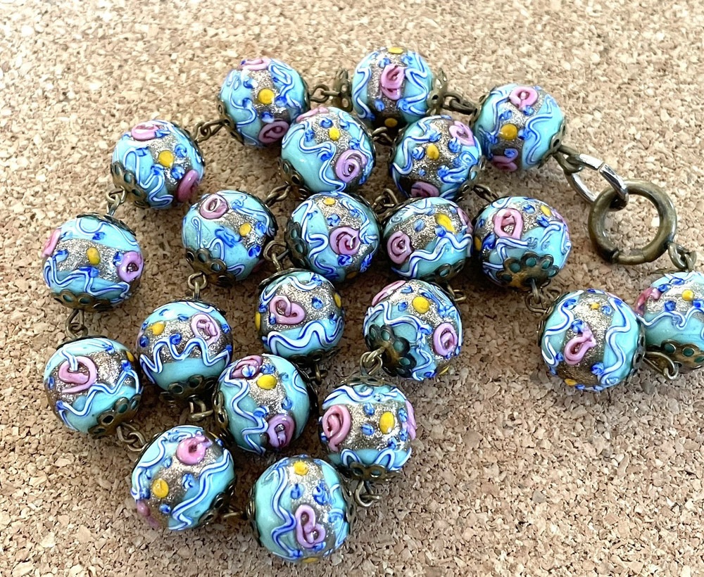 Murano Venetian Wedding Cake Glass Beads 15 Inch Choker Necklace Foil