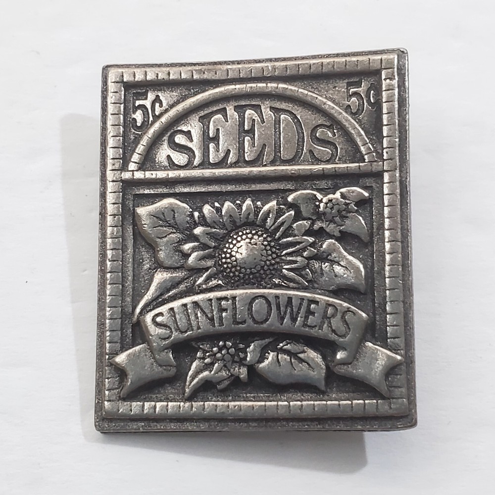 Vintage 2003 Birds and Blooms Pewter Sunflower Seeds Package Brooch Pin