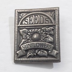 Vintage 2003 Birds and Blooms Pewter Sunflower Seeds Package Brooch Pin