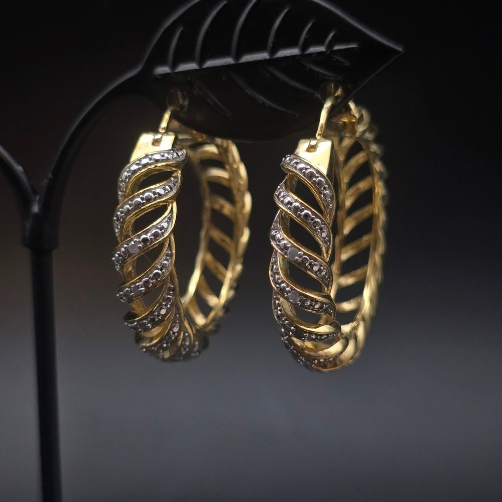 JTV 14K Gold Plated Brass Hoop Earrings Diamon Chip Accents