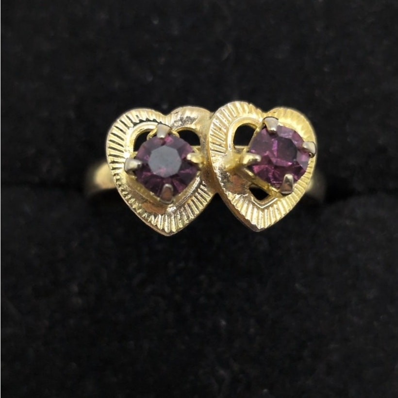 Vintage Double Heart Ring Gold Tone Purple Rhinestone Adjustable Love Retro