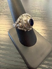 Vintage 925 Sterling Silver & Blue Sapphire Poison Pill Box Locket Ring Size 8.5