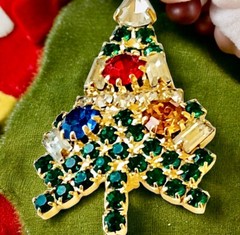 EISENBERG ICE Vintage Christmas Tree Brooch Small Multi-Color Rhinestones Signed