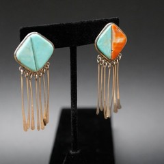 Consuelo Campos Southwestern Sterling Turquoise Inlay Fringe Earrings ’90 Dangle