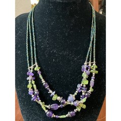 Vintage Sterling Silver Amethyst Peridot Triple Strand Beaded Necklace 17.75”